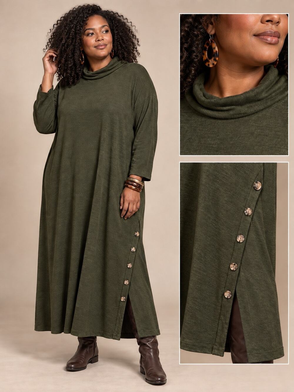 Emery Rose 4X Olive Green Cowl Neck Button Detail Maxi Dress Plus Size